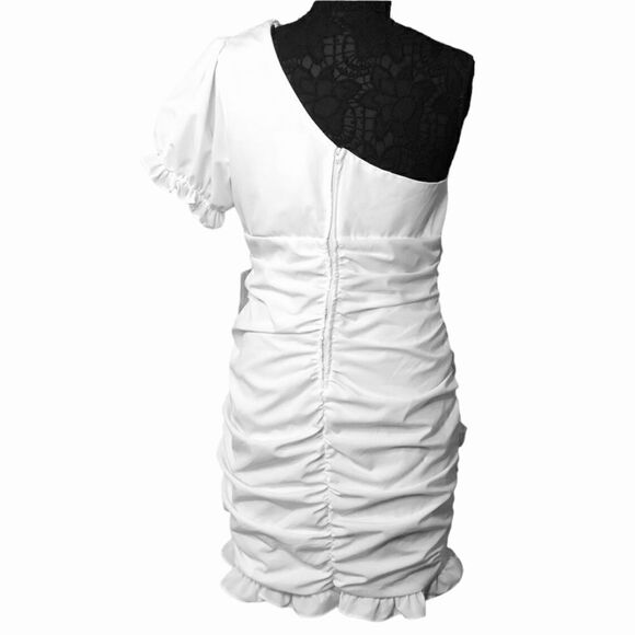 NWT B. Darlin Draped One Sleeve White Short Dress Zipper Ruffles Lined Size13/14 - Picture 2 of 4